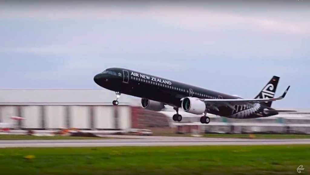 Air New Zealand's first Airbus A321neo takes off from Airbus' Hamburg facility. (Air New Zealand/YouTube)