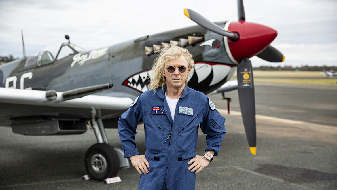 David Lowy in front of his Spitfire. (Temora Aviation Museum)
