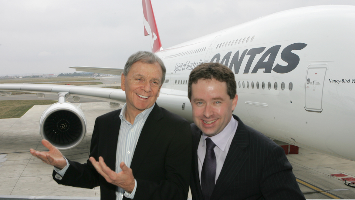Then CEO Geoff Dixon and CEO-designate Alan Joyce with the first Qantas A380 in September 2008. (Gerard Frawley)