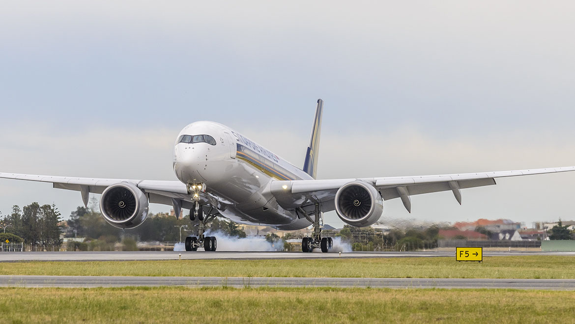 The first A350-operated SQ229 touches down at Adelaide yesterday. (Singapore Airlines)