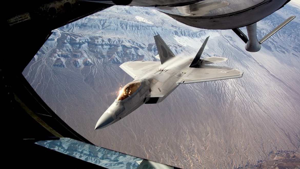A USAF F-22 refuels from a KC-135 over the vast Nellis Test & Training Range (NTTR). (USAF)