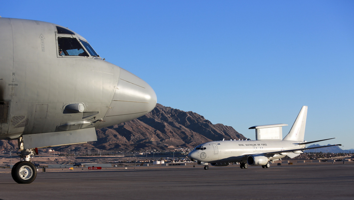 A file image of a RAAF AP-3C Orion (left) and E-7A Wedgetail on the ramp at Nellis AFB at RF 16-1 in 2016 (Defence)