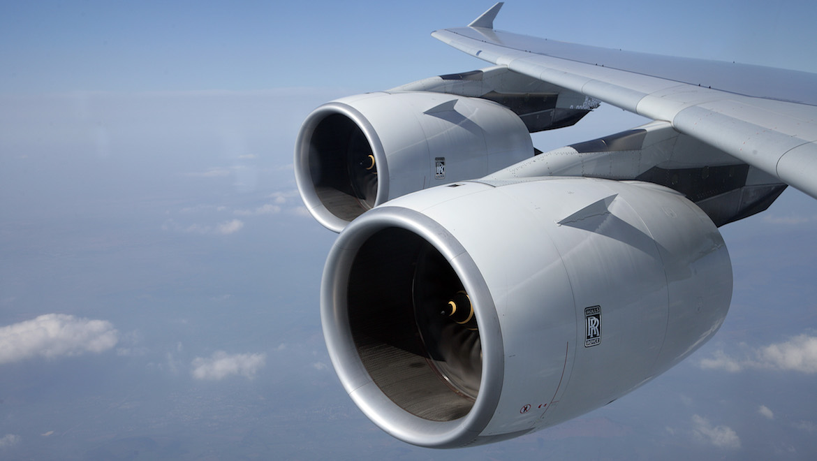 Rolls-Royce Trent 900 engines on board an Airbus A380. (Rolls-Royce/Flickr)