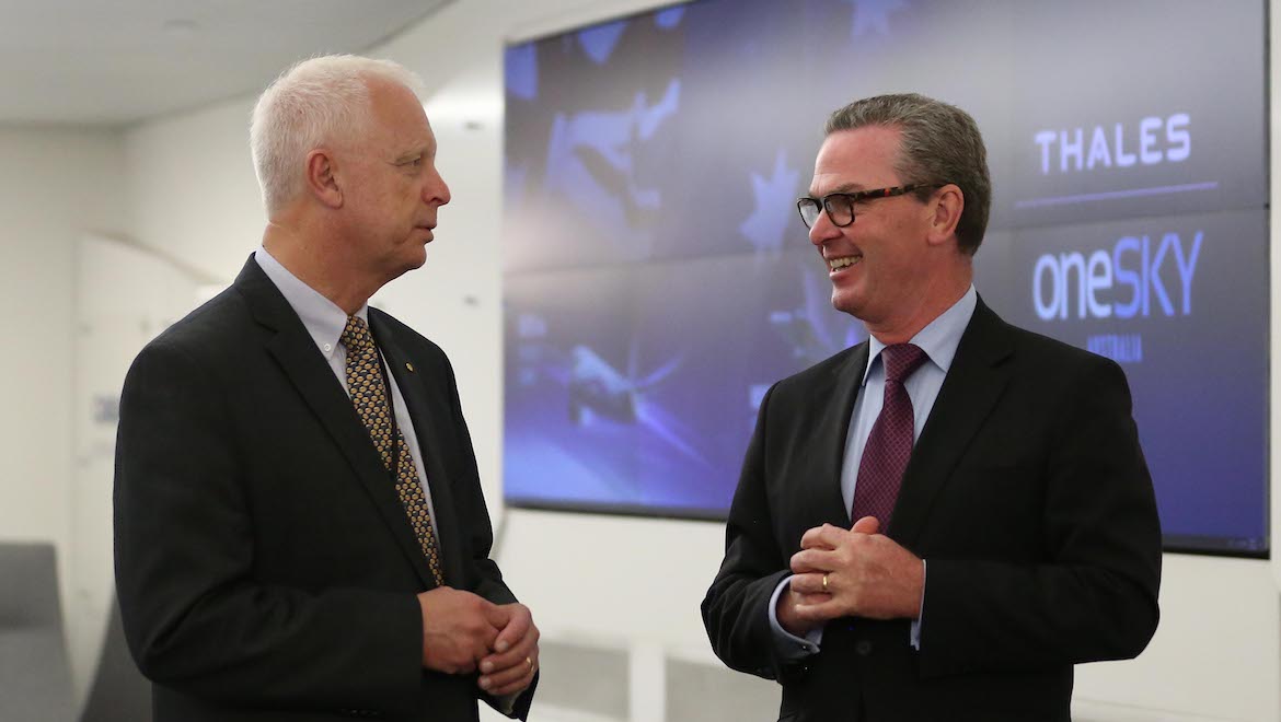 Airservices deputy chairman (and former Chief of Defence Force) Mark Binskin with Defence Minister Christopher Pyne at the recent opening of Thales Australia’s new Melbourne offices for its OneSKY project team. (Defence)