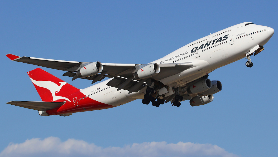 Qantas Boeing 747-400 VH-OJS takes off from Perth with a fifth engine. (Darren Koch)