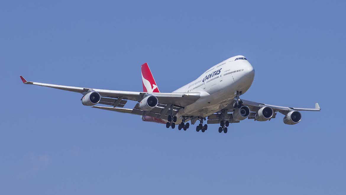 Qantas Boeing 747-400 VH-OJS takes off from Perth with a fifth engine. (Keith Anderson)