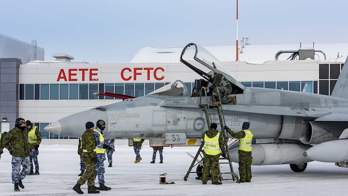 The first of two RAAF F/A-18As arrives at Canada’s Aerospace Engineering Test Establishment – Canadian Flight Test Centre (AETE – CFTC) at 4 Wing Cold Lake, Alberta, on February 16. (Cold Lake Imagery/Canada)
