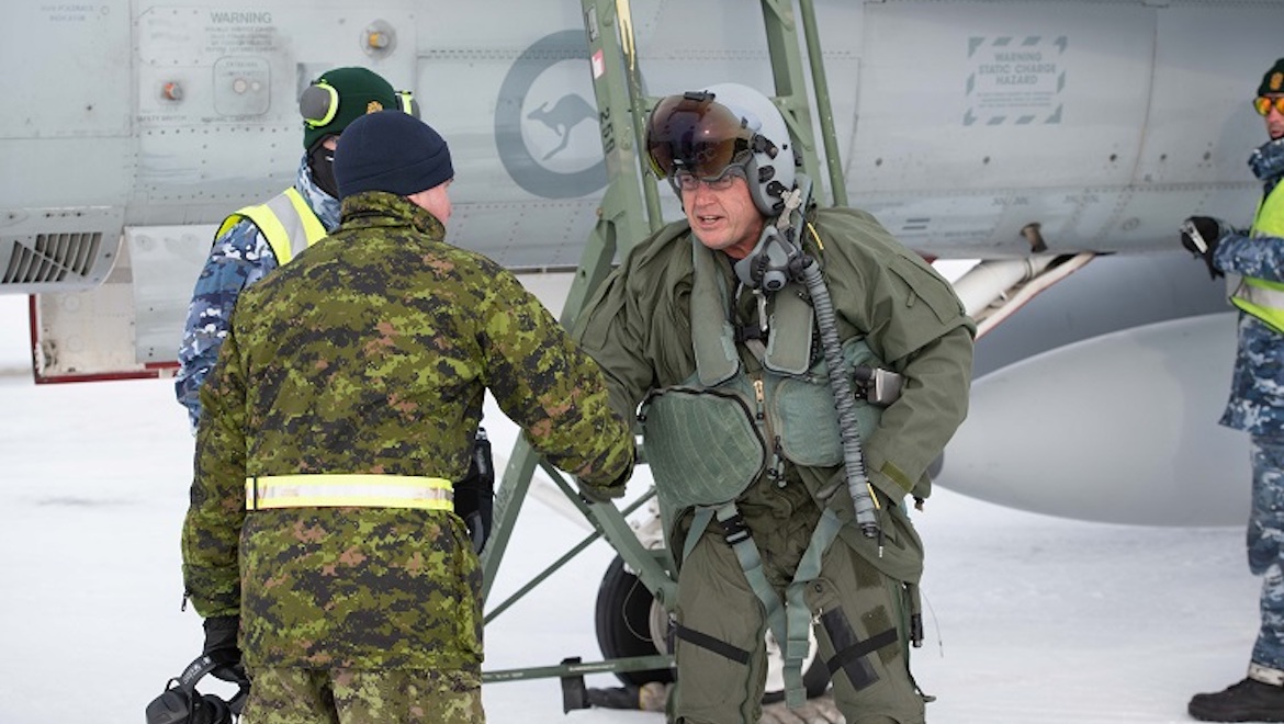 Air Commodore Michael Kitcher (right), Commander Air Combat Group and Lieutenant Colonel Jonathan Pilon (left), acting Wing Commander of 4 Wing Cold Lake. (Cold Lake Imagery/Canada)