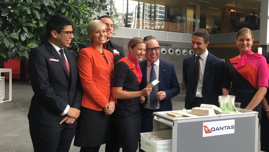 Qantas chief executive Alan Joyce and chief financial officer Tino La Spina with Qantas and Jetstar staff.
