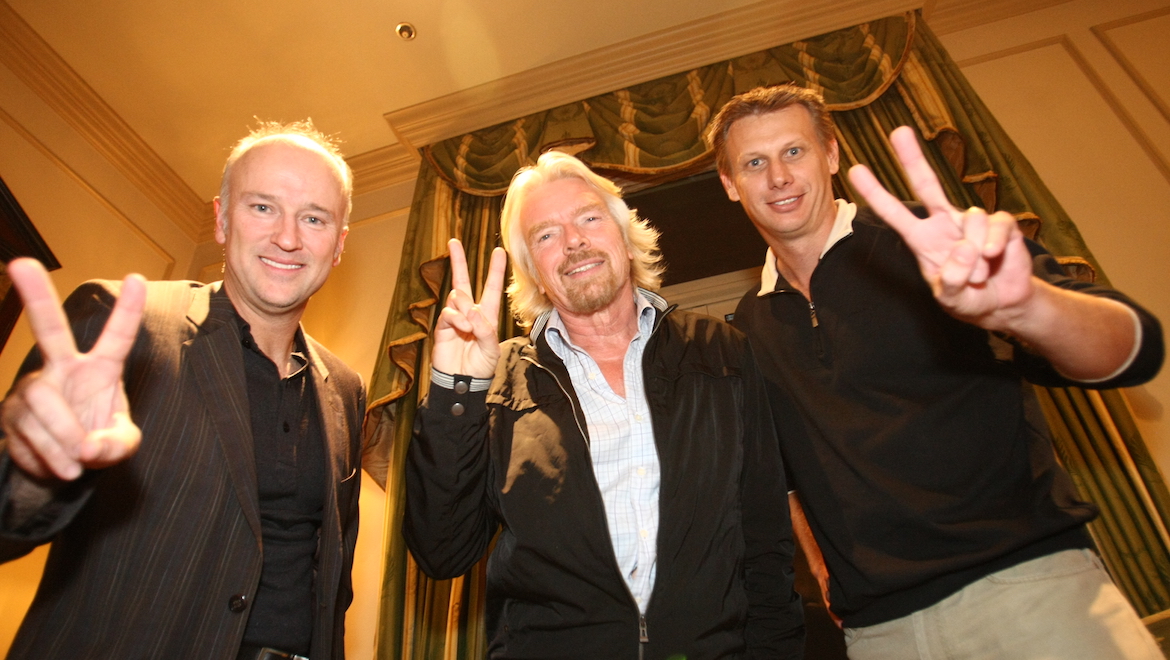 Brett Godfrey with Virgin Blue cornerstone shareholder Sir Richard Branson and V Australia EGM Scott Swift. (Paul Sadler)
