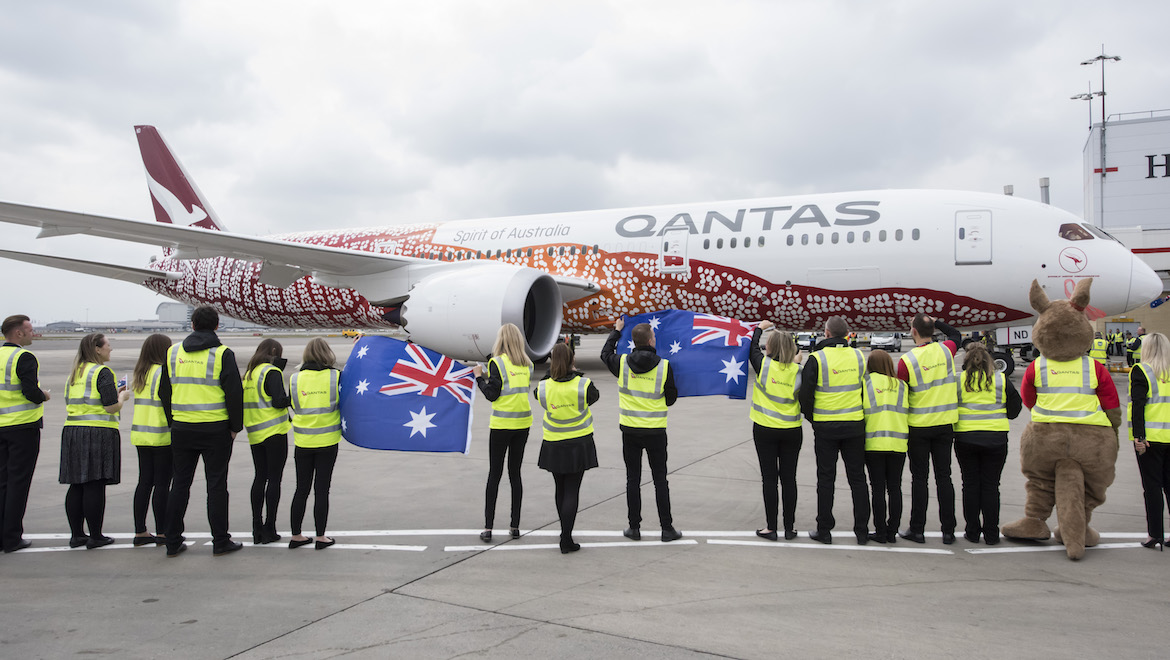 Qantas staff farewell the inaugural QF10 London-Perth departure. (Qantas)