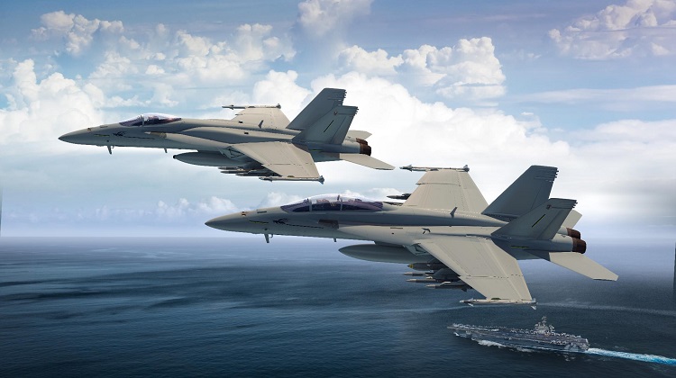 Concept art of an F/A-18E Block III flying with a Block II F/A-18F. (BOEING)