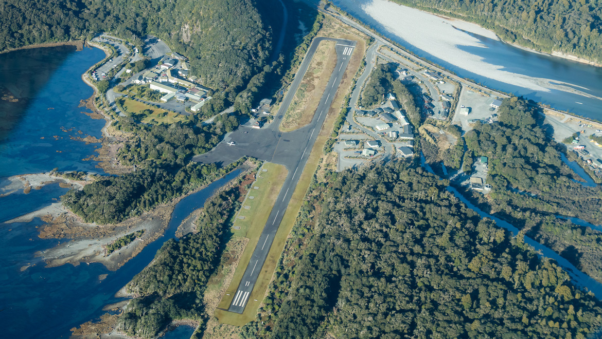 Milford Sound’s Piopiotahi Aerodrome is little changed in four decades. (Milford Helicopters)