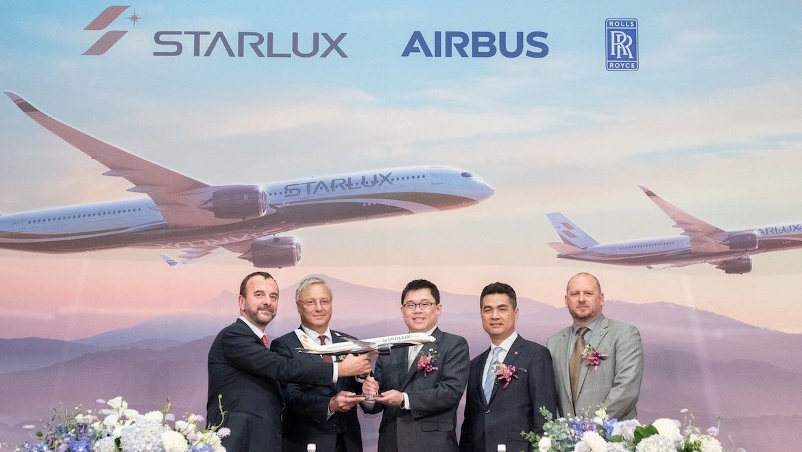 Airbus executive vice president for Asia Jean-François Laval, Airbus chief commercial officer Christian Scherer, Starlux chairman KW Chang, Starlux president Glenn Chai and Rolls-Royce senior vice president for customers Paul Freestone at the official signing ceremony. (Airbus)