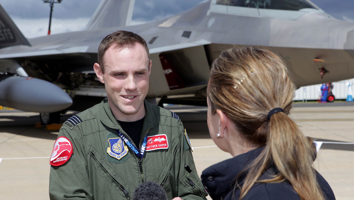 RAAF Squadron Leader Matt Harper being interviewed at the 2011 Avalon Airshow. (Defence)