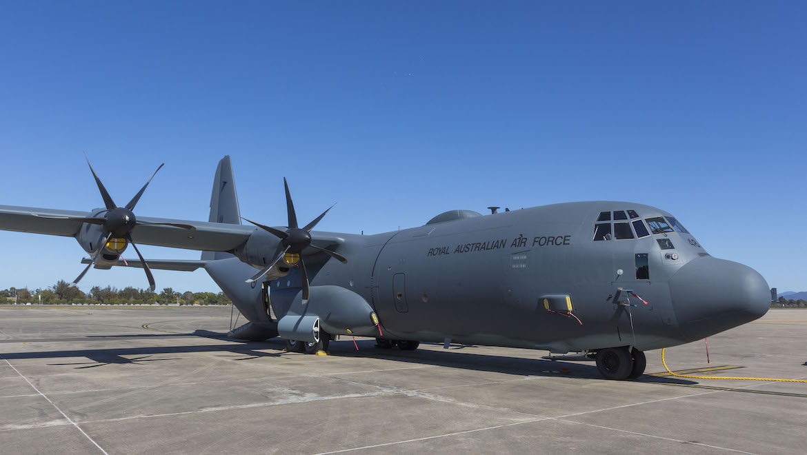 A file image of RAAF C-130J Hercules A97-448 from No. 37 Squadron fitted with the Ka-Band SATCOM communications system. (Defence)