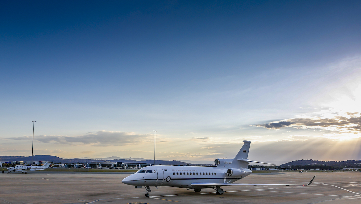 The first Royal Australian Air Force Dassault Falcon 7X arrived at Defence Establishment Fairbairn, Canberra on April 16 2019. (Defence)