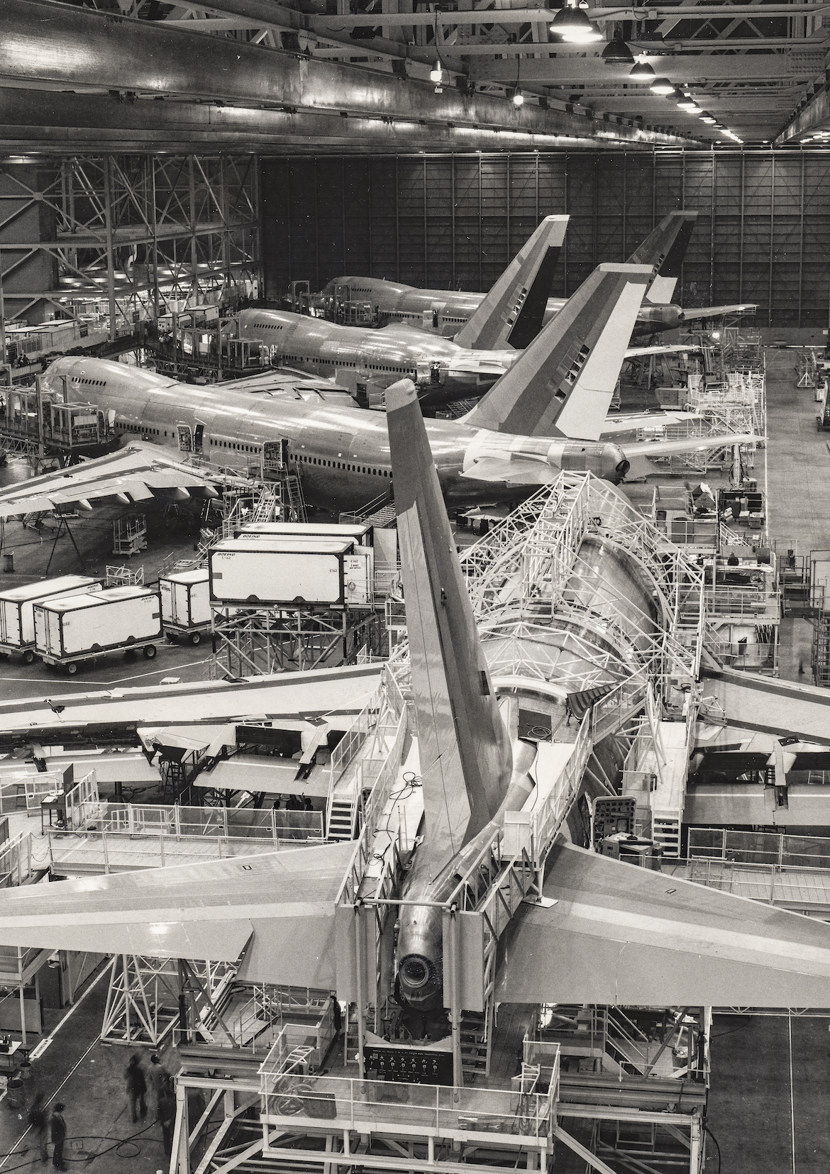 The 747 production line in Everett, Washington after the shift to the 10-window upper deck. (Boeing)