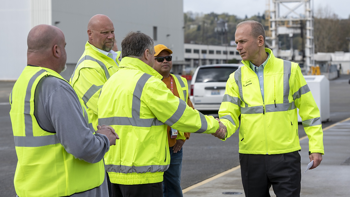 A supplied image of Boeing chief executive Dennis Muilenburg speaking with employees. (Boeing)