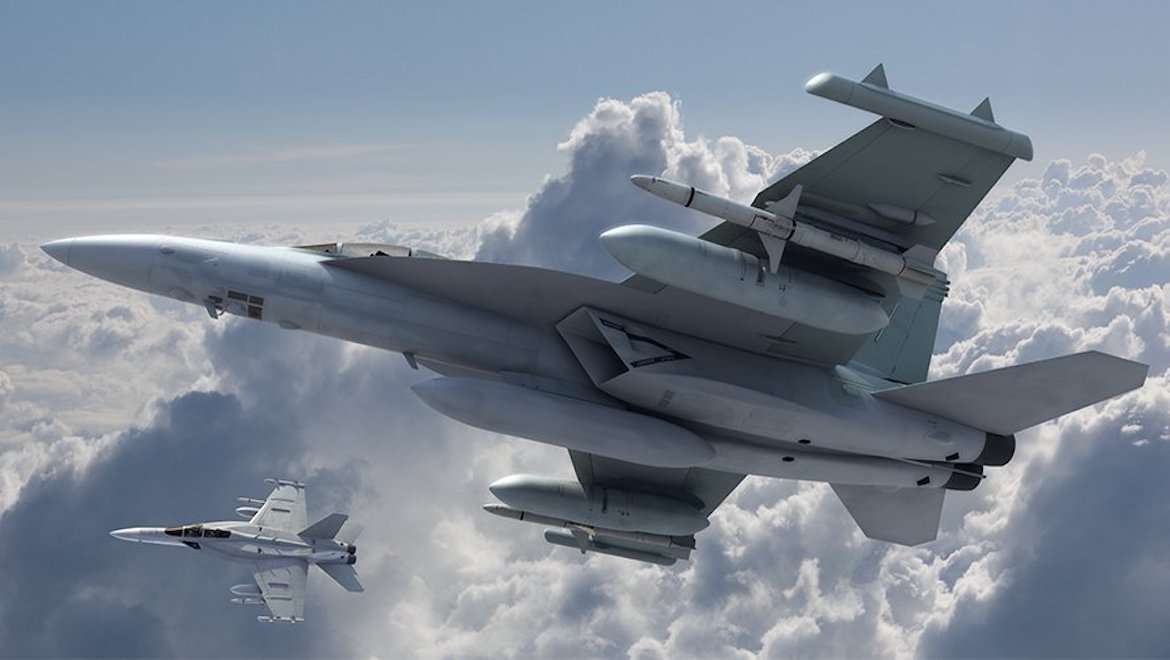 A depiction of the EA-18G carrying the forthcoming NGJ-MB jammer pods. (Raytheon)