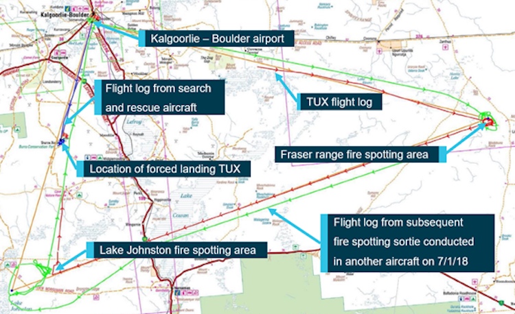 The location of Kalgoorlie – Boulder airport and overlay of flight paths to fire fronts. (ATSB)