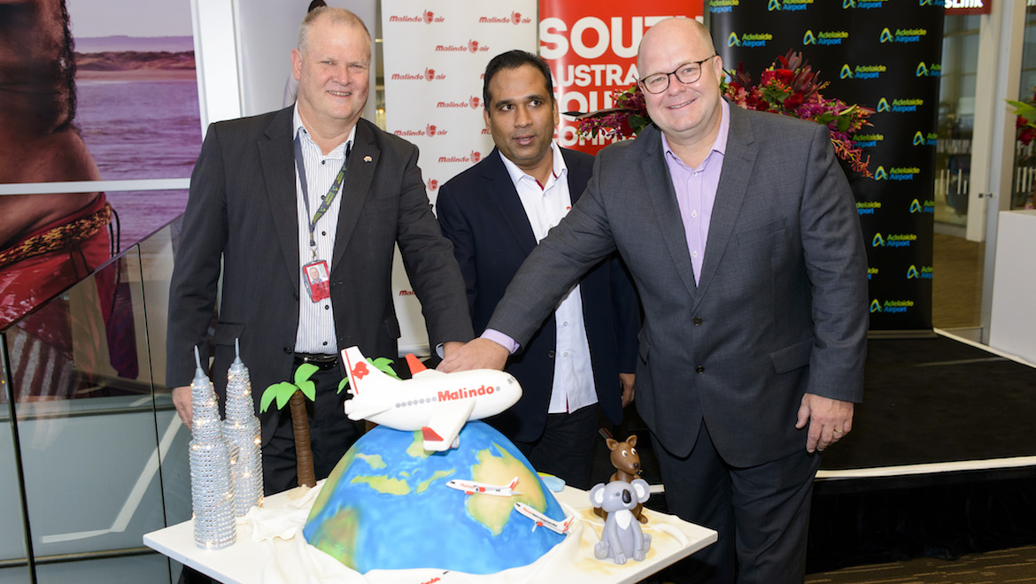 Adelaide Airport managing director Mark Young, Malindo Air chief executive Chandran Rama Muthy and SA Tourism Commission chief executive Rodney Harrex. (Simon Casson/Adelaide Airport)