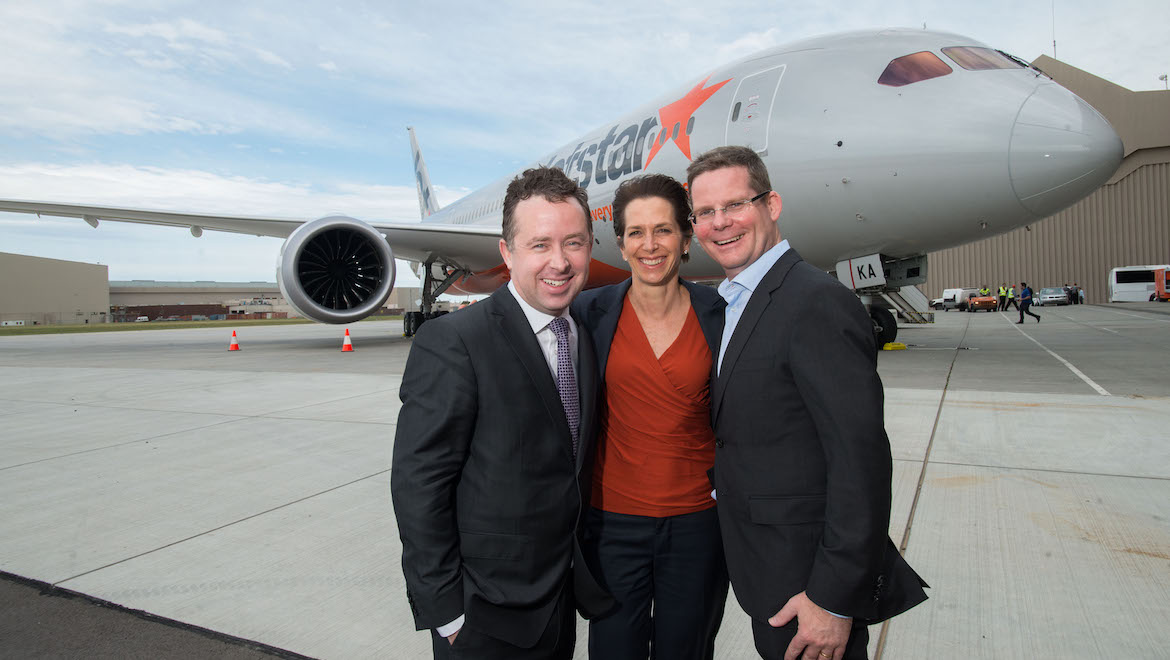 Jetstar Group CEO Jayne Hrdlicka flanked by Qantas Group CEO Alan Joyce and Jetstar Australia & NZ CEO David Hall. (Jetstar)