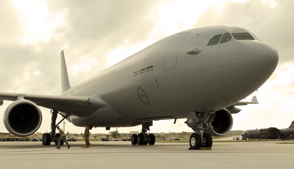 The RAAF's KC-30A Multi Role Tanker Transport arrives at its hardstand parking at Andersen Air Force Base in Guam for the start of Exercise COPE NORTH 13. (Defence)