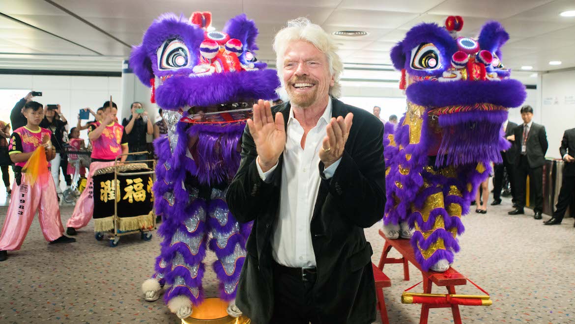 Sir Richard Branson at the arrival ceremony in Hong Kong after the landing of VA87 from Melbourne. (Virgin Australia)