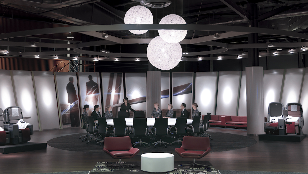 The international business class customer experience zone showcases the different elements of the product, right down to the seating used in the aircraft and lounges. (Qantas)
