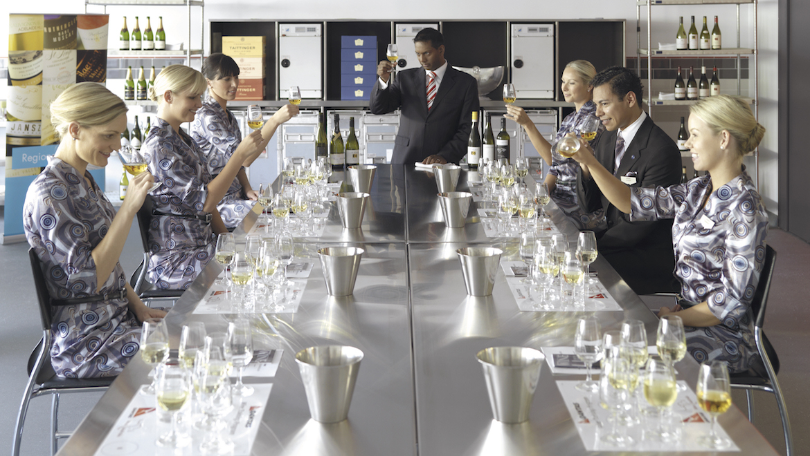 Qantas staff go through wines being served on its flights and lounges. (Qantas)