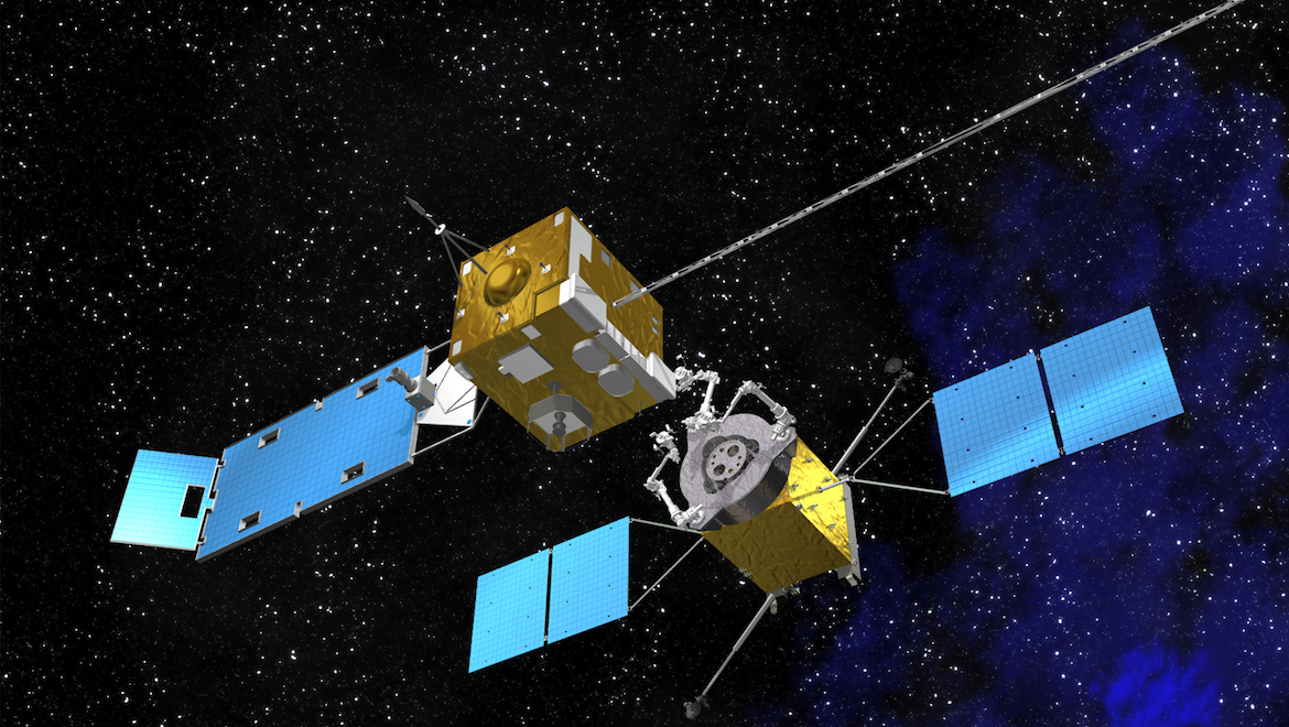 An artist’s impression of an MEV approaching a satellite for docking. (Northrop Grumman)
