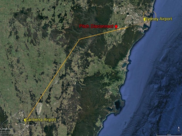 The flight path of VH-FVR from Canberra to Sydney and the location where the pitch disconnect occurred. (ATSB)