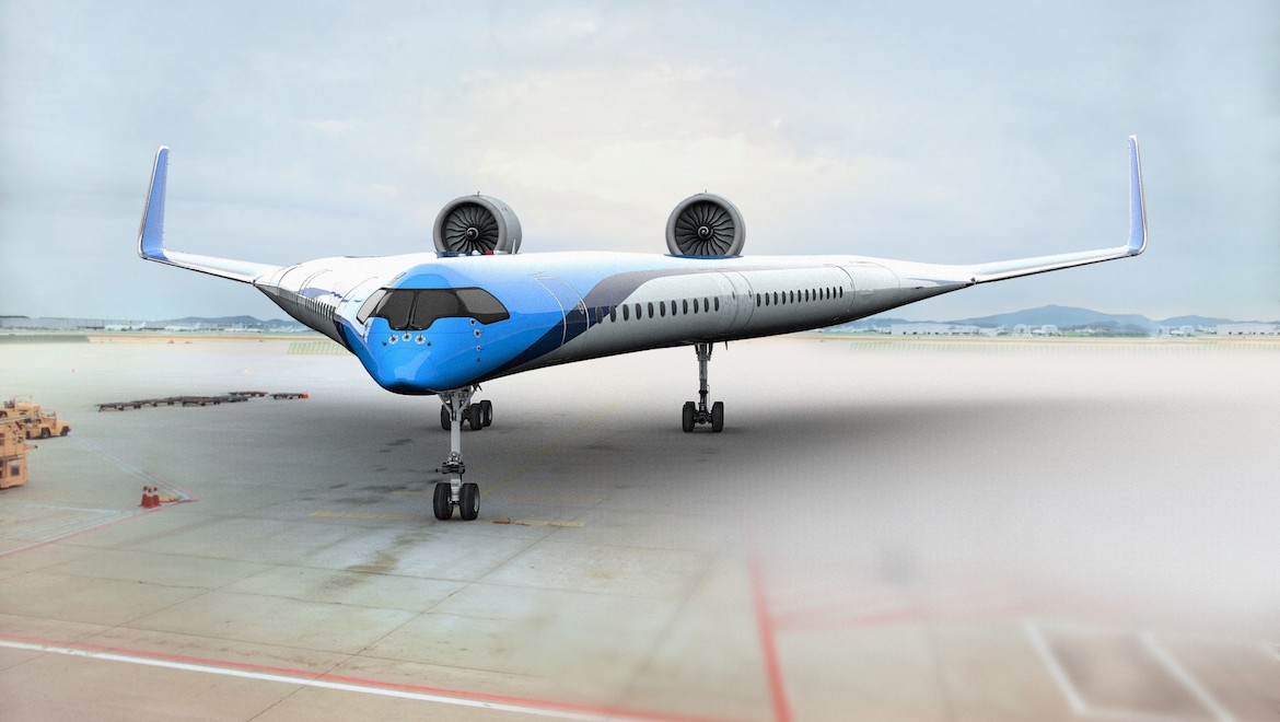 An artist's impression of the Flying V concept aircraft. (KLM/TU Delft)