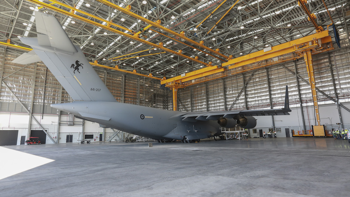 A RAAF C-17A Globemaster in the No. 36 Squadron maintenance hangar at RAAF Base Amberley. (Defence)