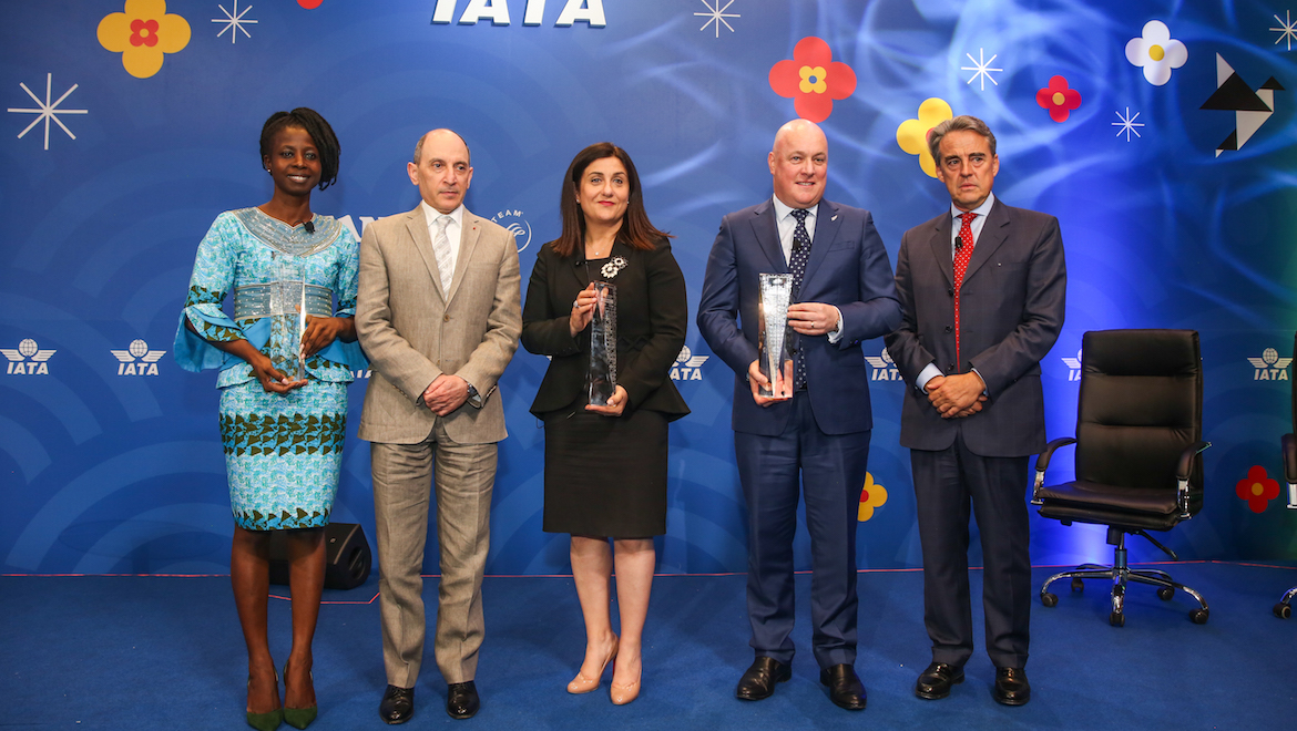 IATA diversity award winners (from left) Fadimatou Noutchemo Simo, Christine Ourmières-Widener and Christopher Luxon with Qatar Airways chief executive Akbar Al Baker and IATA director general Alexandre de Juniac. (IATA/Flickr)