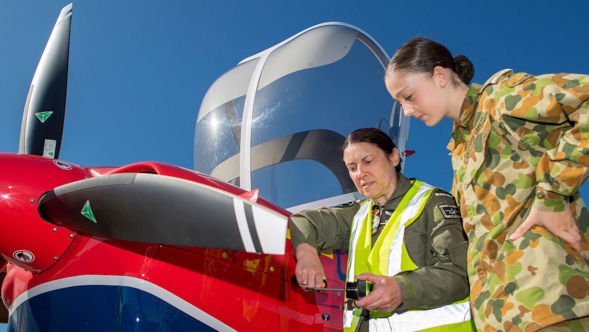 Head of Australian Air Force Cadets RAAF Base Richmond, Flight Lieutenant Cathy Hobson (left), with 13-year-old Cadet Georgia Shell, from No. 409 SQN AAFCS. (Defence)