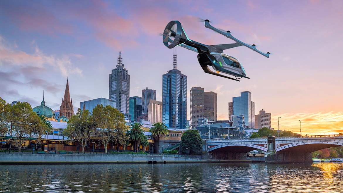 An artist's impression of an Uber flying taxi in Melbourne. (Uber)