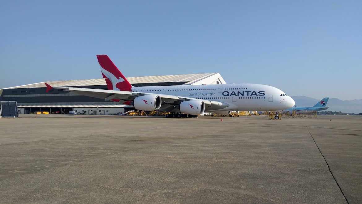 Qantas Airbus A380 VH-OQJ at Korean Air's Busan paintshop. (Korean Air)