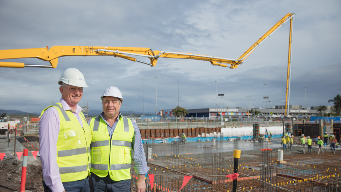 Condev Construction's Steve Marais and Gold Coast Airport's Carl Bruhn at the site of the new hotel. (Gold Coast Airport)
