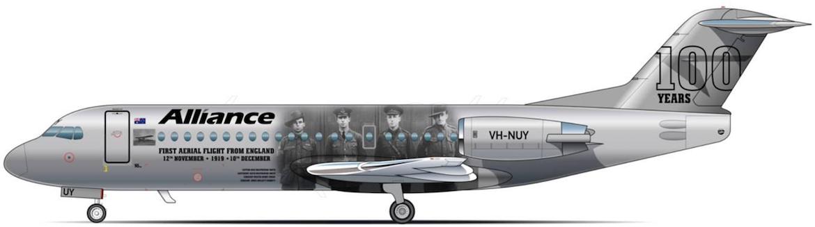 An artist's impression of the Alliance Airlines Fokker 70 paying tribute to the 1919 Great Air Race winners. (Alliance Airlines)