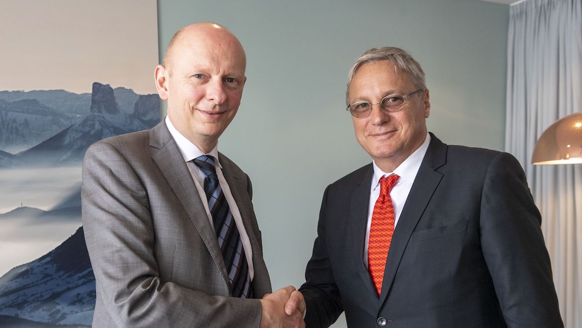 Nordic Aviation Capital chairman Martin Møller and Airbus chief commercial officer Christian Scherer at Le Bourget. (Airbus)
