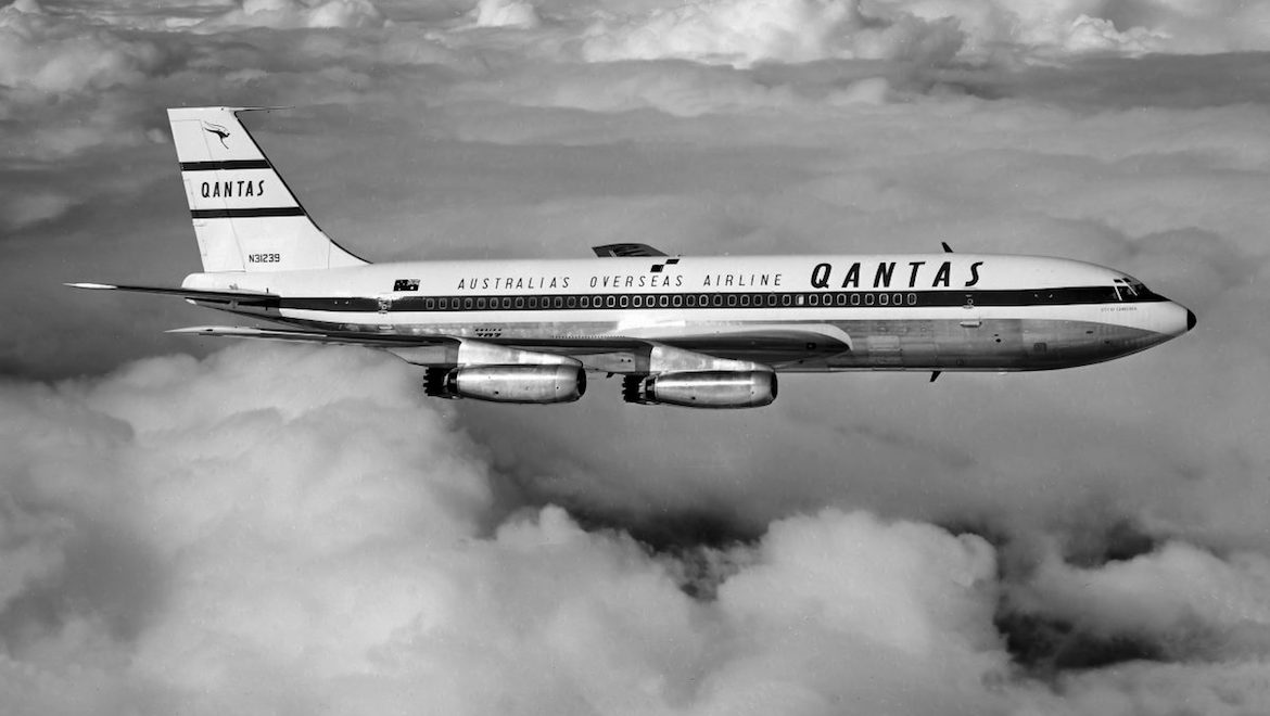 An aerial image of Qantas Boeing 707 in 1959. (Qantas)