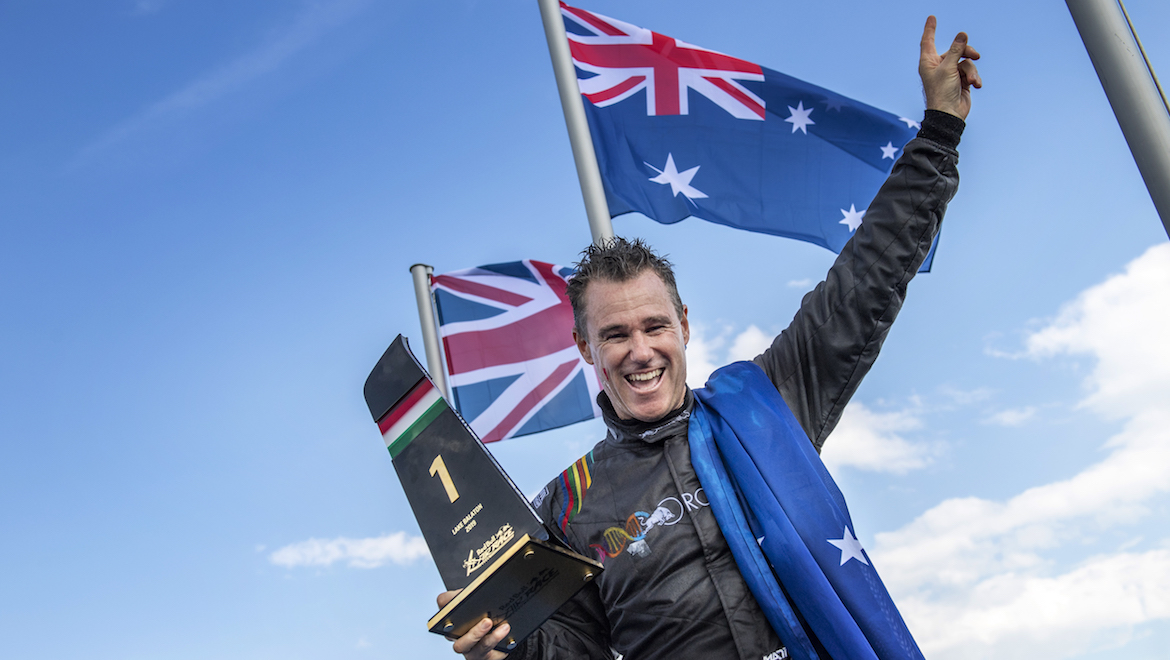Australia's Matt Hall celebrates winning the third round of the Red Bull Air Race World Championship at Lake Balaton, Hungary. (Red Bull Content Pool)