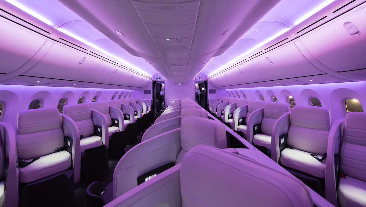 Lie-flat business class configured 1-1-1 in the current 787-9s. (Air New Zealand)