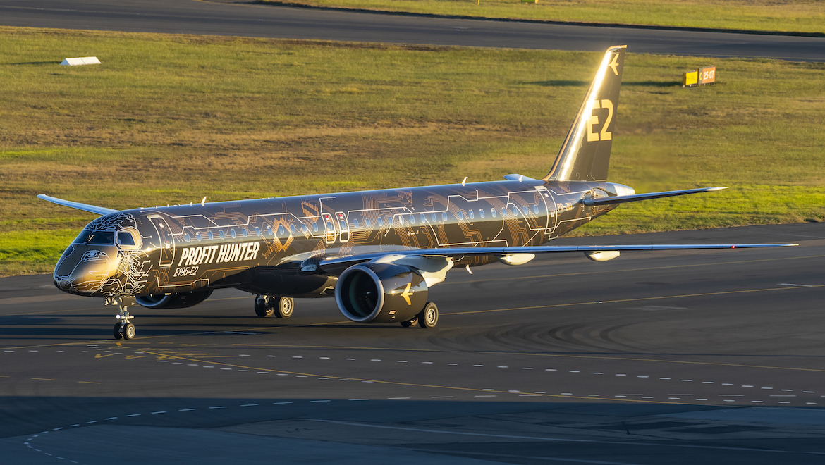 Embraer E195-E2 demonstrator PR-ZIQ in Sydney. (Seth Jaworski)