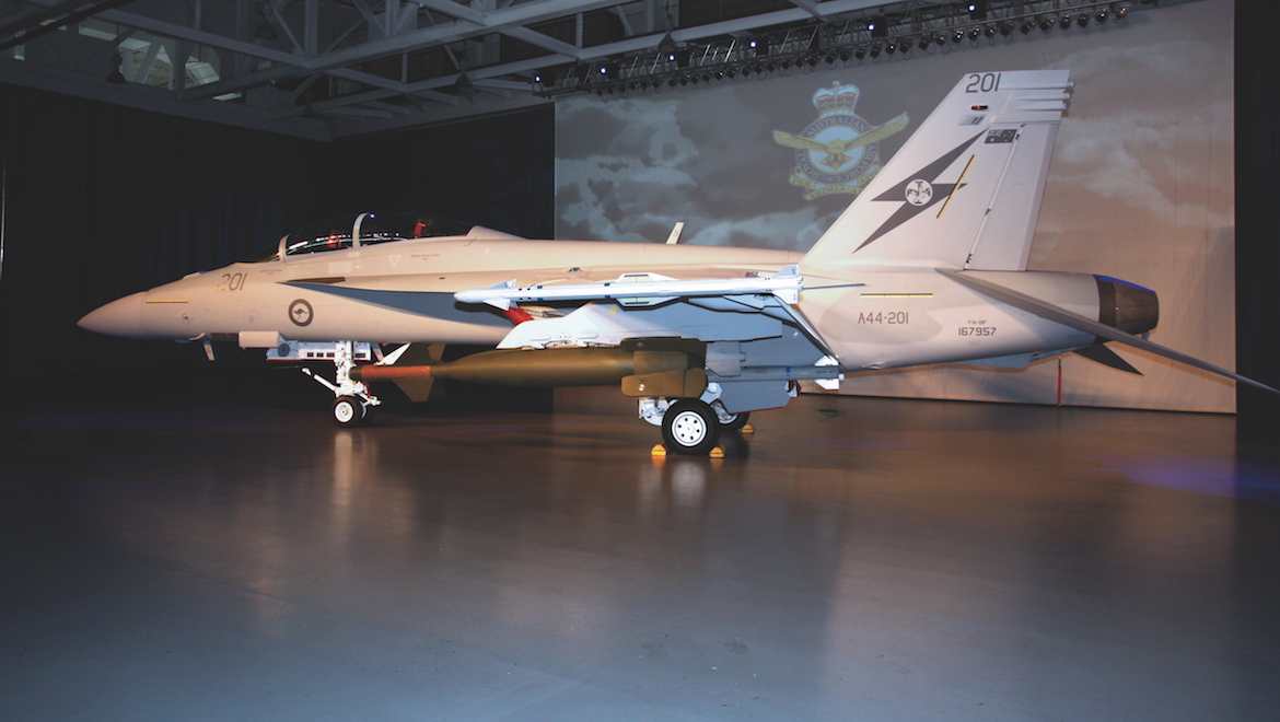 The RAAF's first F/A-18F Super Hornet at the rollout ceremony. (Andrew McLaughlin)