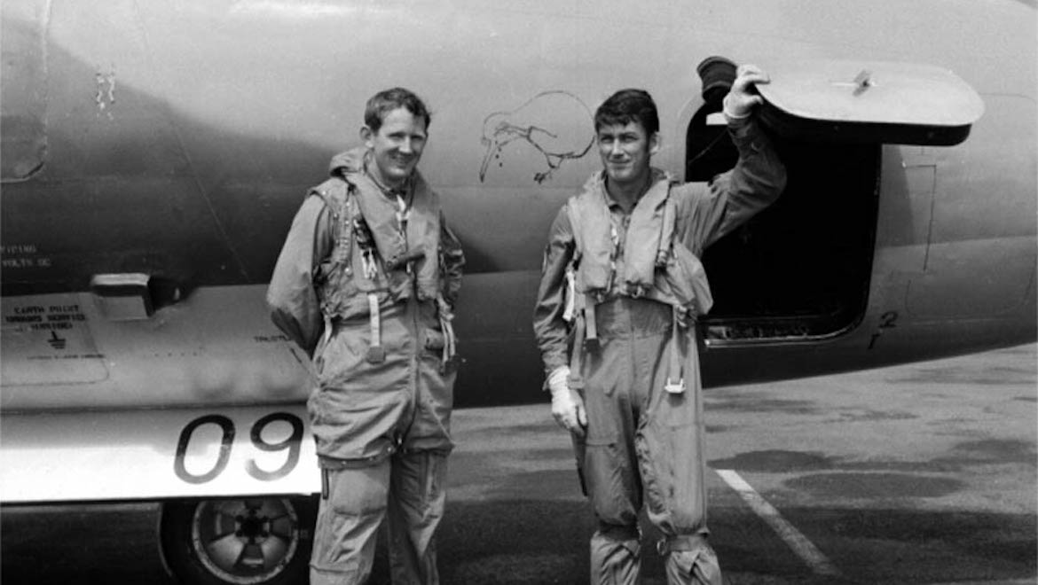 A file image of the navigator, Mike Hill (left) and pilot Gavin Trethewey (right) in front of the B1-12 Canberra bomber.