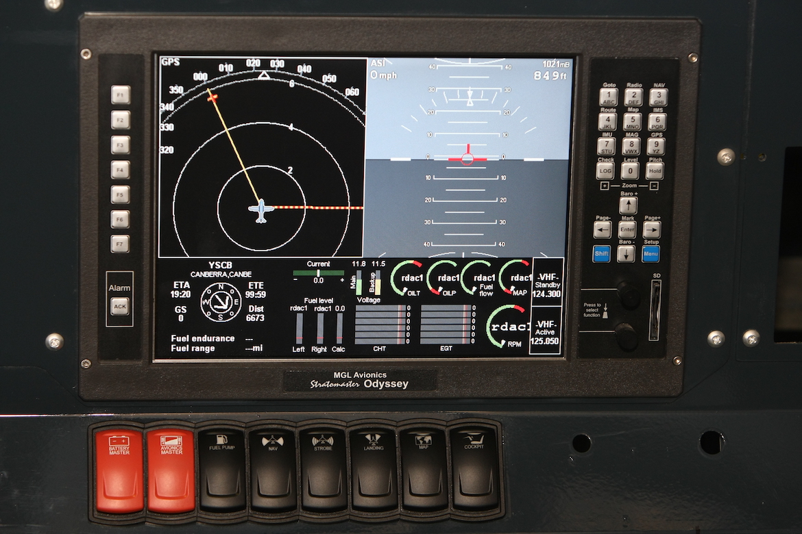 Future production Brumbys will be fitted with an all glass Stratomaster Odyssey avionics system (pictured), sourced from South Africa’s MGL Avionics, capable of displaying navigation, engine and flight instrumentation simultaneously. (Paul Sadler)