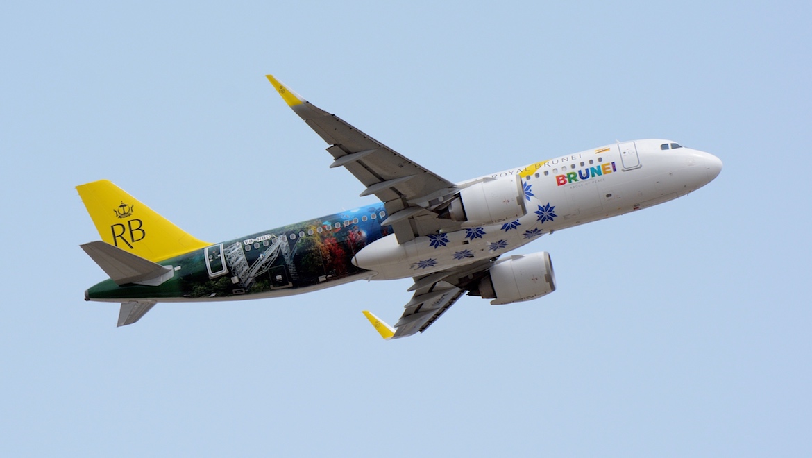 A file image of Royal Brunei Airlines Airbus A320neo V8-RBD, which features a special Visit Brunei livery. (Masakatsu Ukon/Wikimedia Commons)